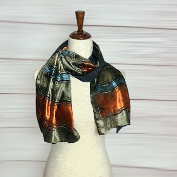 Silk Velvet Oblong Scarf Embroidered Burnt Orange Olive Green Black Lining - Picture 6 of 10
